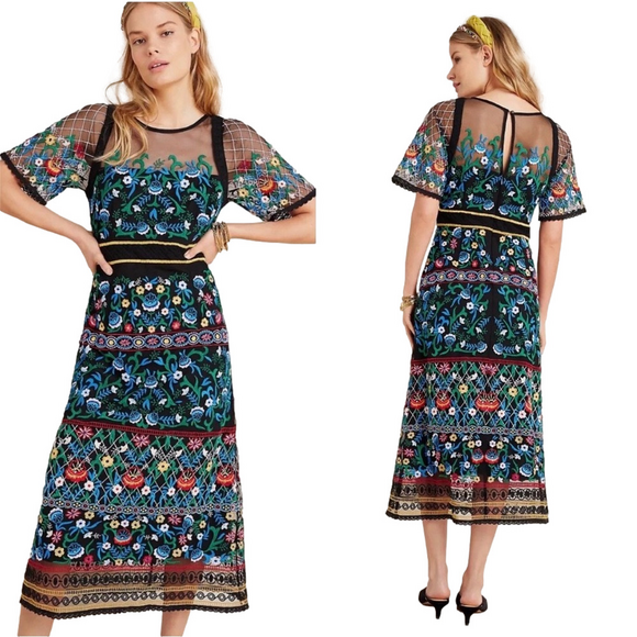 🚂Anthropologie Esther Black Colorful Floral Embroidered midi dress size 8 GUC